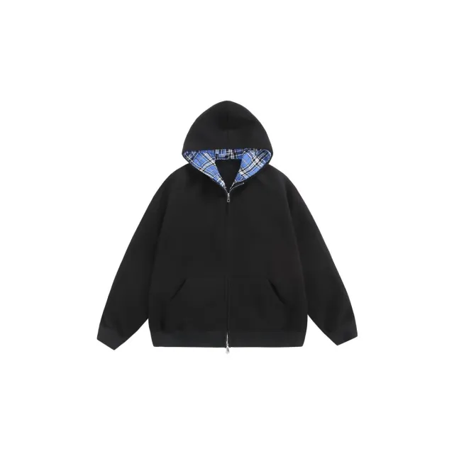 Artistic Hooded Sweater Plaid Stitching Coat Trend Black - Shop at LoveMi