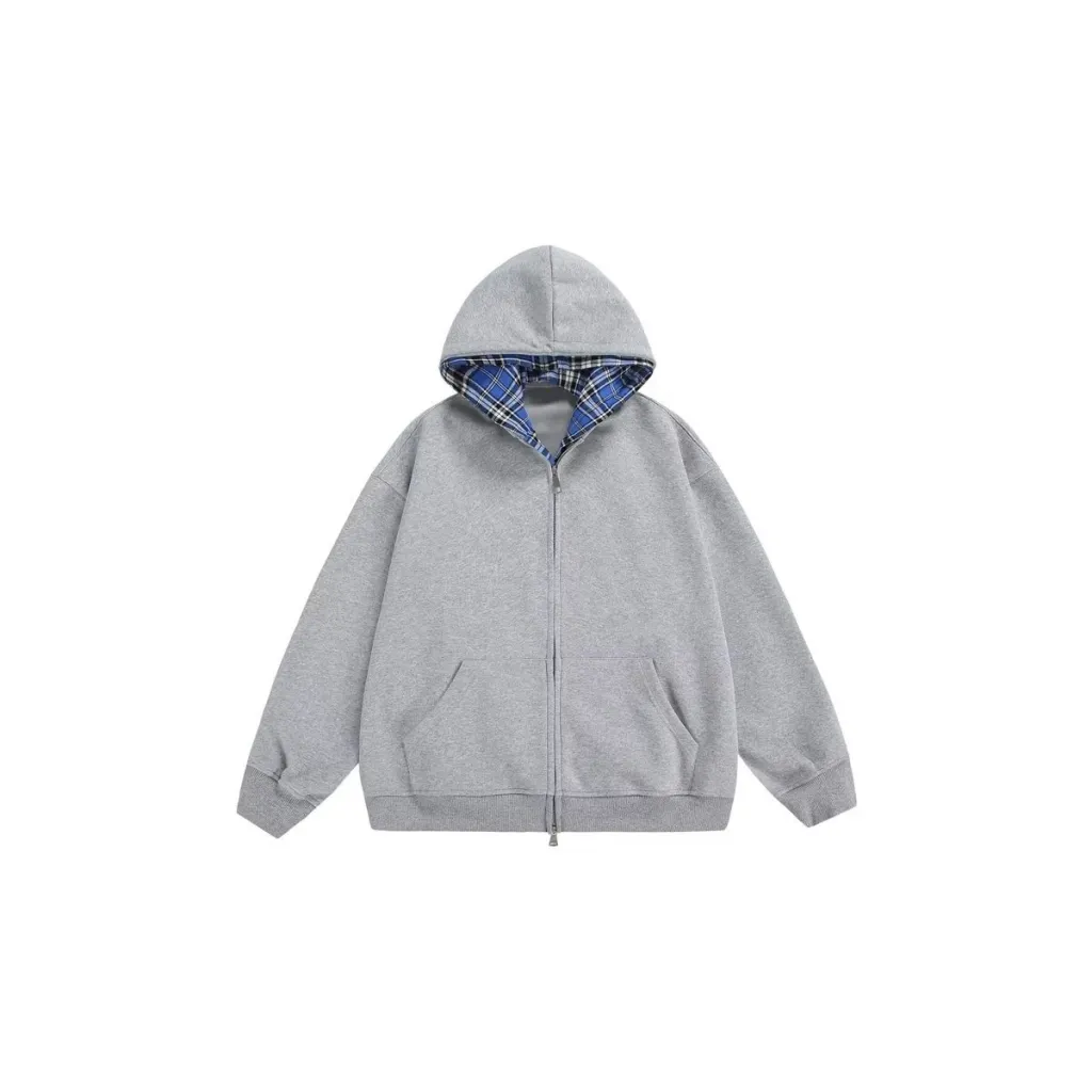 Artistic Hooded Sweater Plaid Stitching Coat Trend - Gray