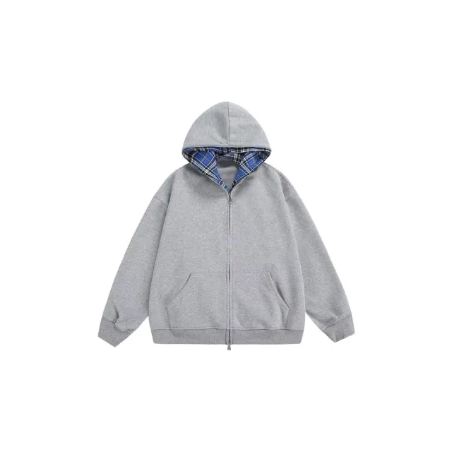 Artistic Hooded Sweater Plaid Stitching Coat Trend Gray - Shop at LoveMi
