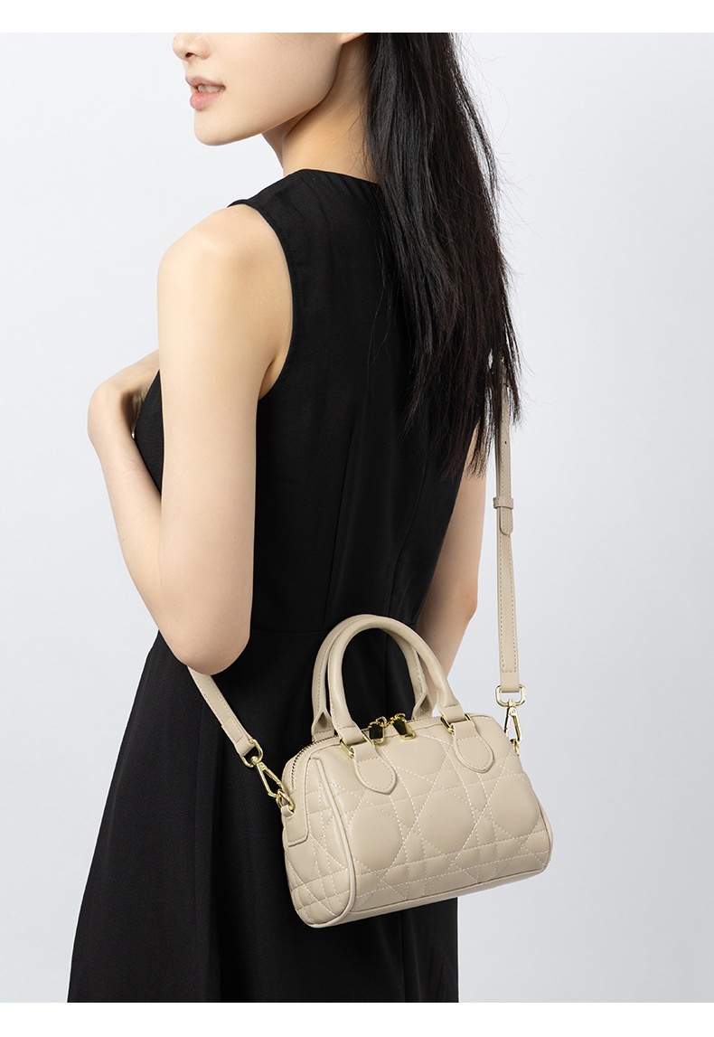 Genuine Leather Rhombus Boston Shoulder Bag - interior view