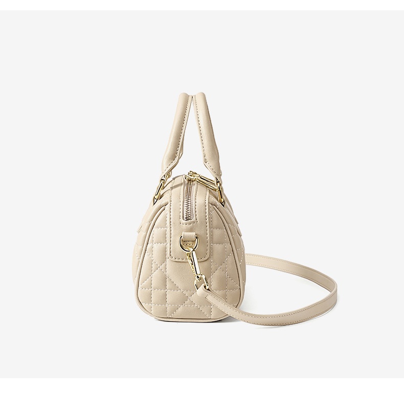 Genuine Leather Rhombus Boston Shoulder Bag - durable cowhide texture