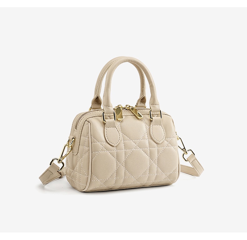 Genuine Leather Rhombus Boston Shoulder Bag - compact size in hand