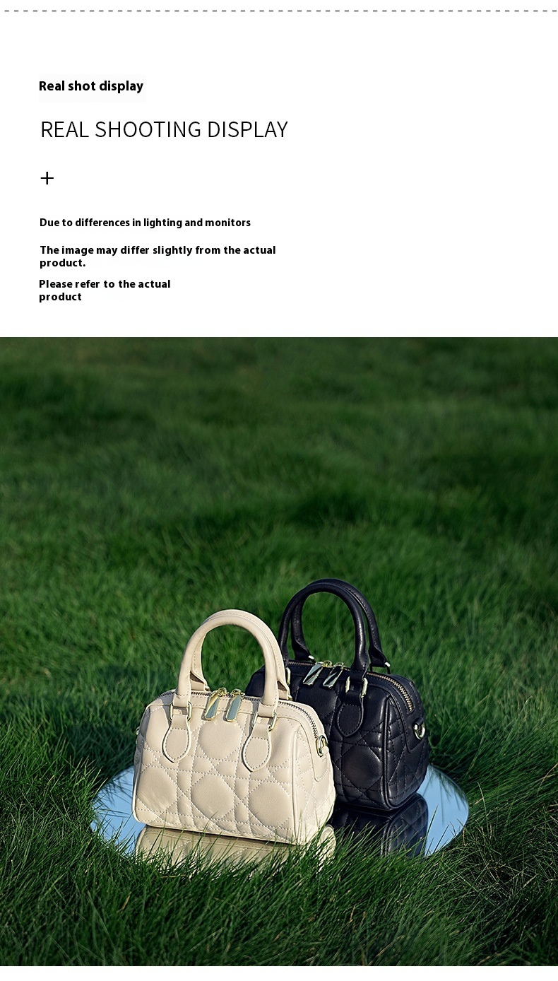 Genuine Leather Rhombus Boston Shoulder Bag - compact interior