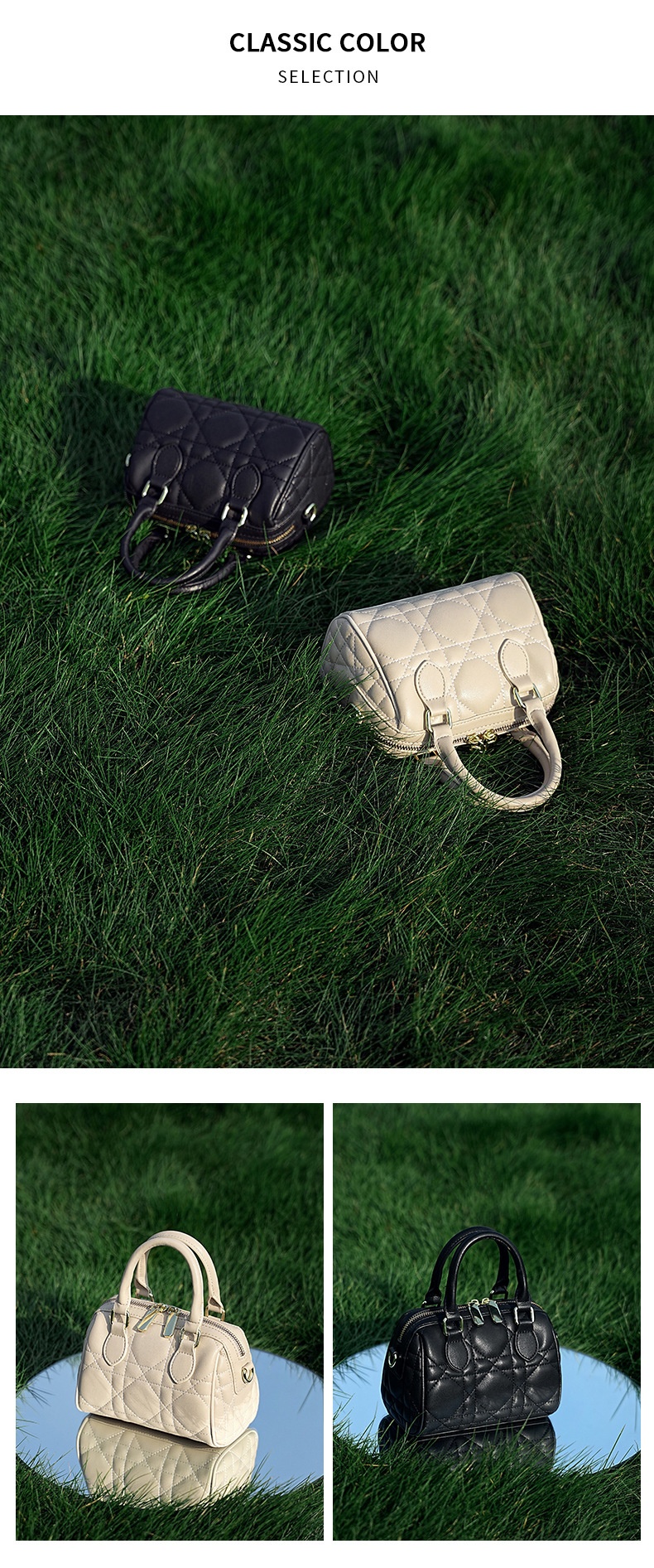 Genuine Leather Rhombus Boston Shoulder Bag - bottom view