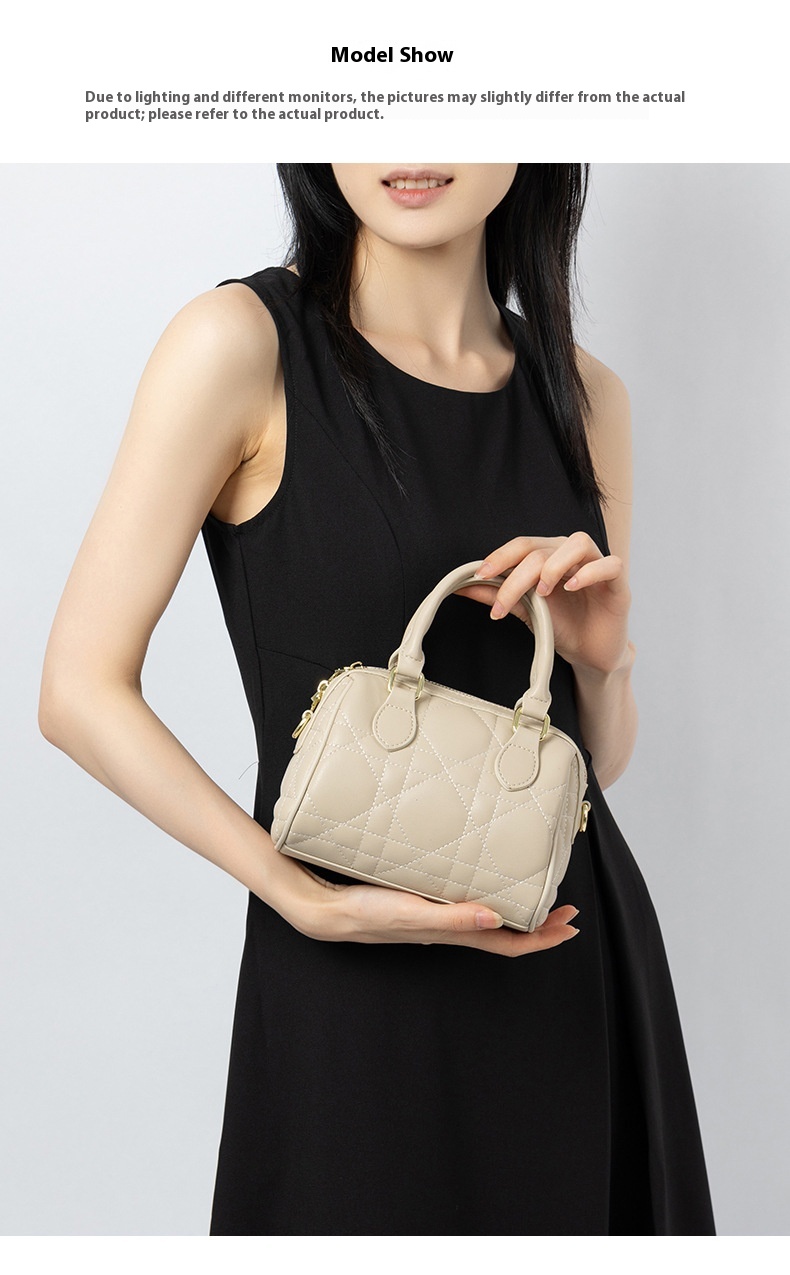 Genuine Leather Rhombus Boston Shoulder Bag - clasp detail