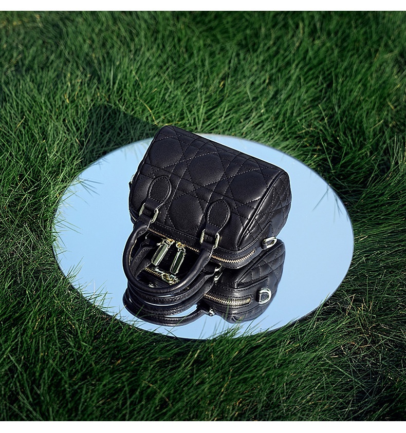 Genuine Leather Rhombus Boston Shoulder Bag - back view