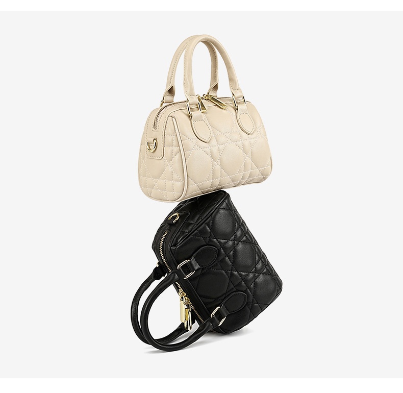 Genuine Leather Rhombus Boston Shoulder Bag - leather close-up