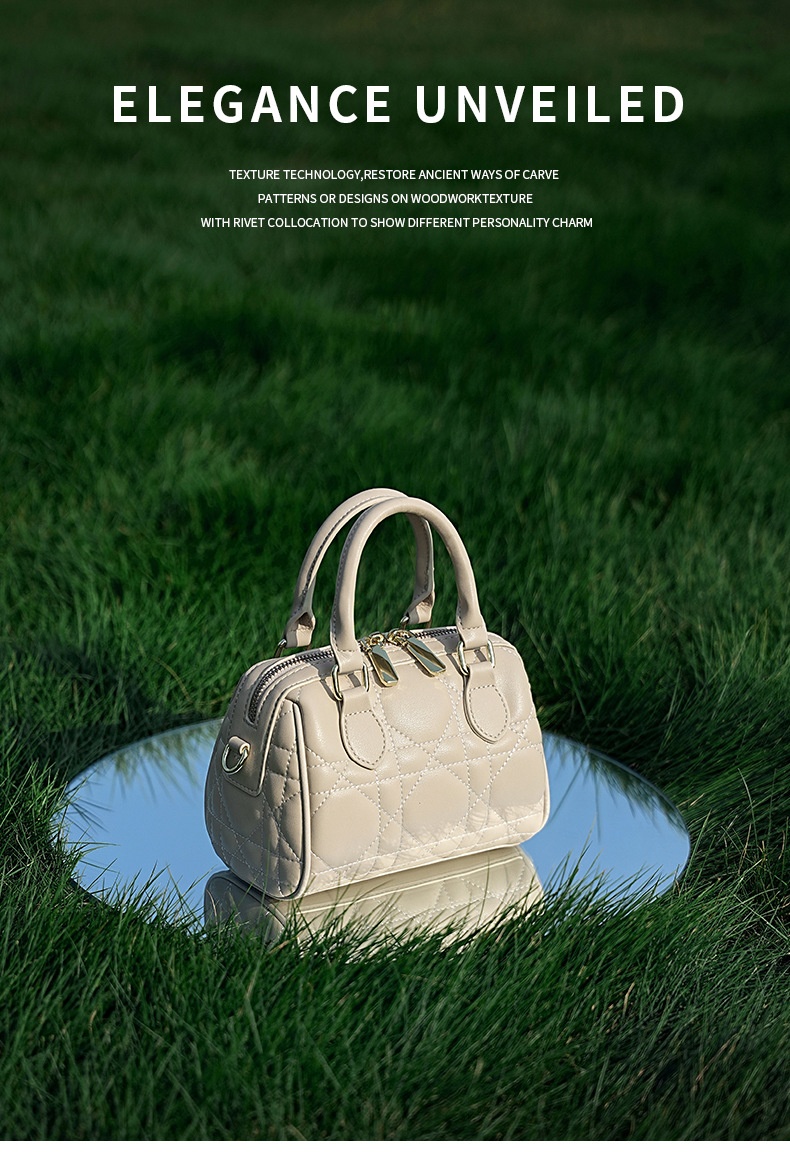 Genuine Leather Rhombus Boston Shoulder Bag - side view