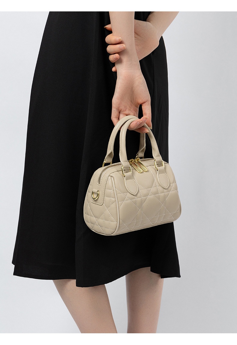 Genuine Leather Rhombus Boston Shoulder Bag - color option close-up