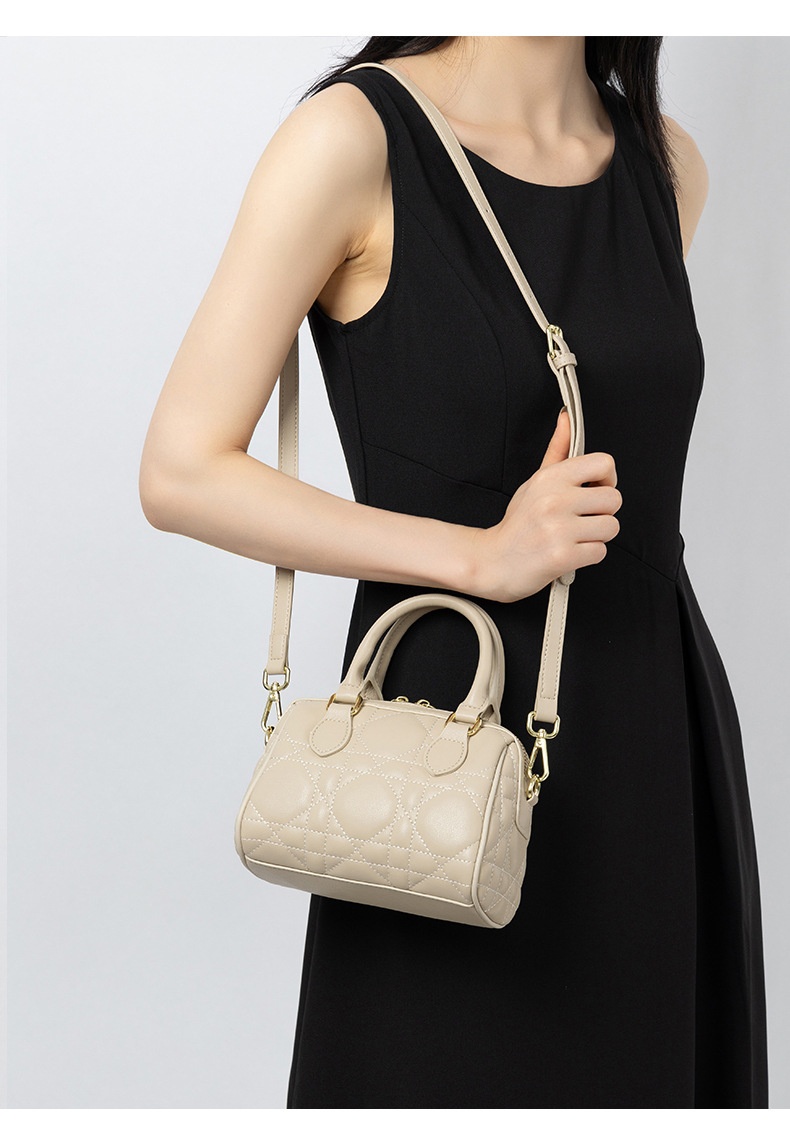 Genuine Leather Rhombus Boston Shoulder Bag - leather texture