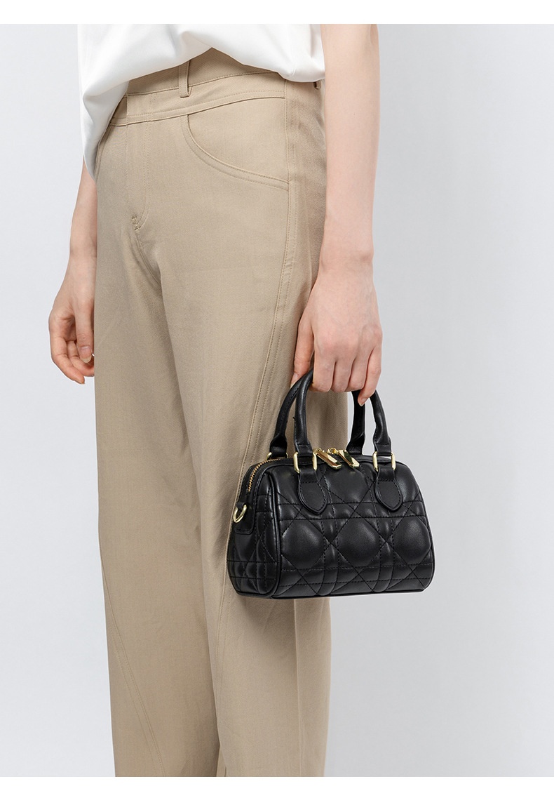 Genuine Leather Rhombus Boston Shoulder Bag - black beige color options