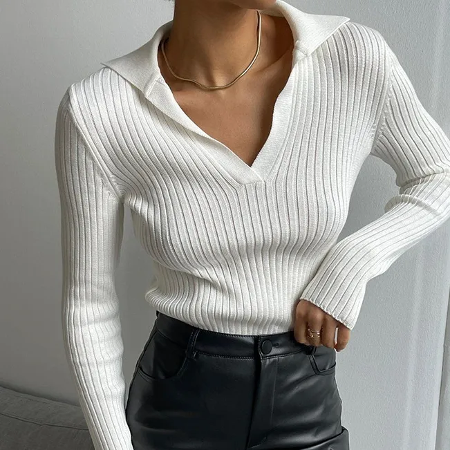 Collar Knitted Sweater Slim Fit Base Pullover Women's Sweater - White
