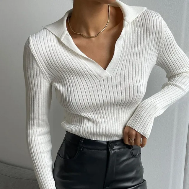 Collar Knitted Sweater Slim Fit Base Pullover Women's Sweater White - Shop at LoveMi