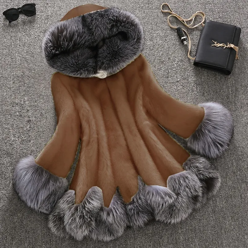 Faux fur mink fur coat - Khaki