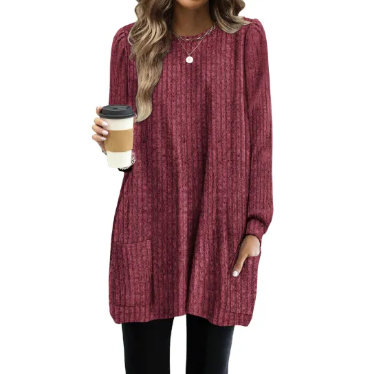 Casual Round Neck Pocket T shirt Puff Sleeve Loose Top Rouge - Shop at LoveMi