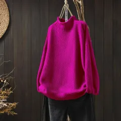 Mock Neck Sweater Women Loose Plus Size - Rose Red - View 1