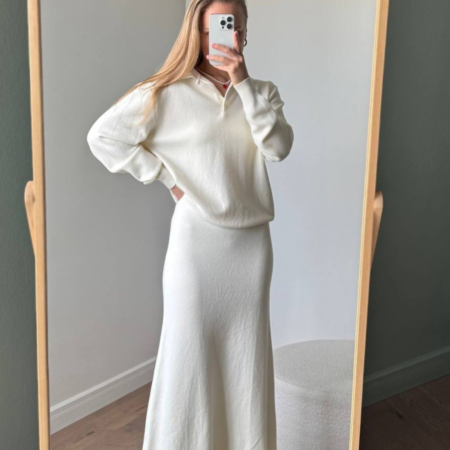 Vintage Casual All-matching Polo Lapel Knitted Sweater Two-piece Overskirt Suit - Image 5