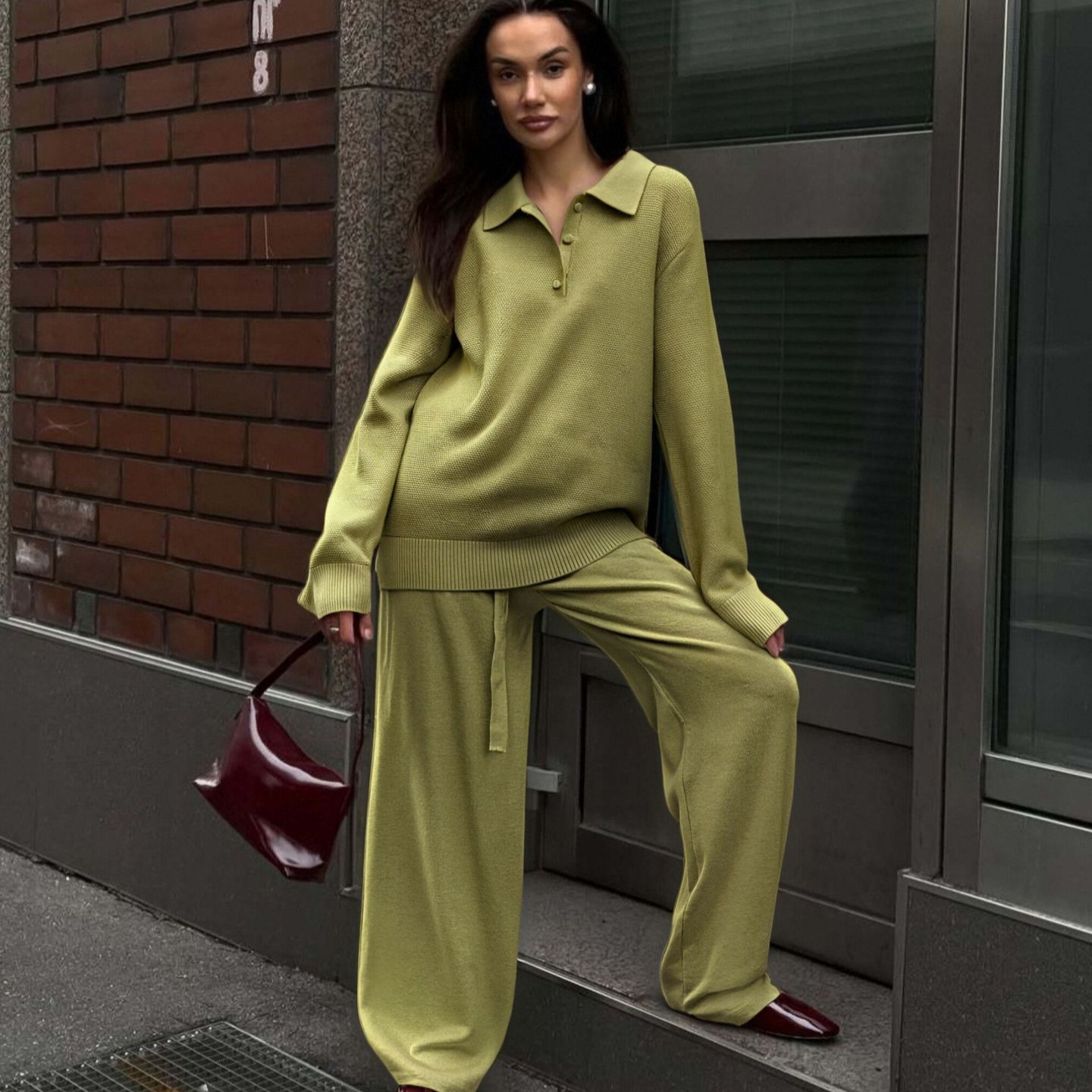 Vintage Casual All-matching Polo Lapel Knitted Sweater Two-piece Overskirt Suit - Image 2