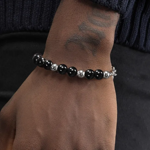 Men's Original Steel Bead Splicing Black Agate Pearl Bracelet Black - Shop at LoveMi