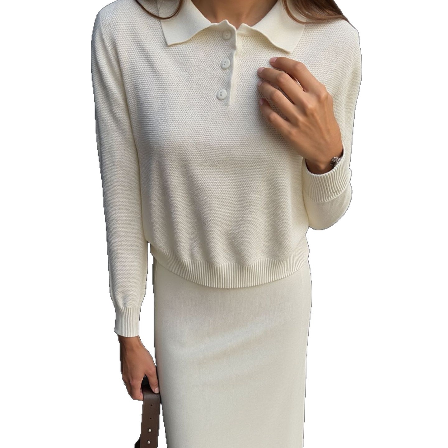 Vintage Casual All-matching Polo Lapel Knitted Sweater Two-piece Overskirt Suit - Image 4