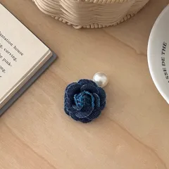 Denim Camellia Pearl Barrettes Sweet Hair Band - Denim Blue Pearl Side Clip - View 1