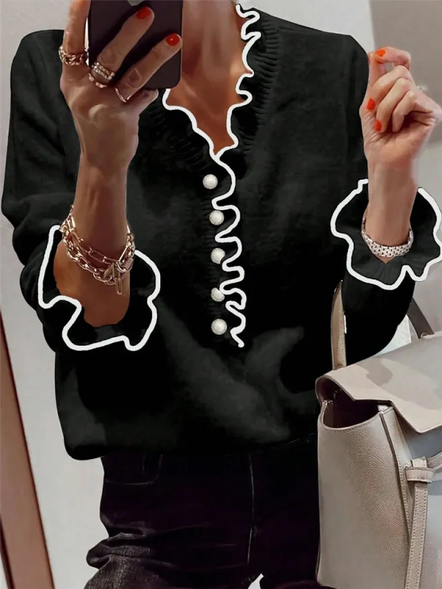 Fashion Color Contrast Wooden Ear Pearl Button Long Sleeve V neck Sweater Pullover Black - Shop at LoveMi