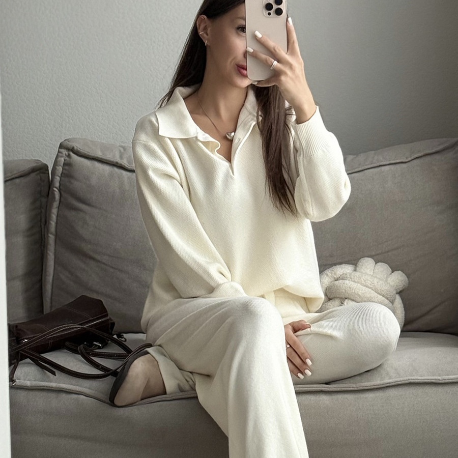 Vintage Casual All-matching Polo Lapel Knitted Sweater Two-piece Overskirt Suit - Image 1