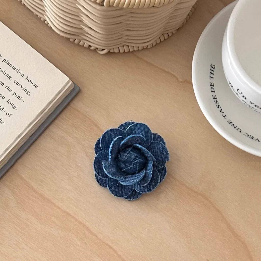 Denim Camellia Pearl Barrettes Sweet Hair Band - Denim Blue Side Clip