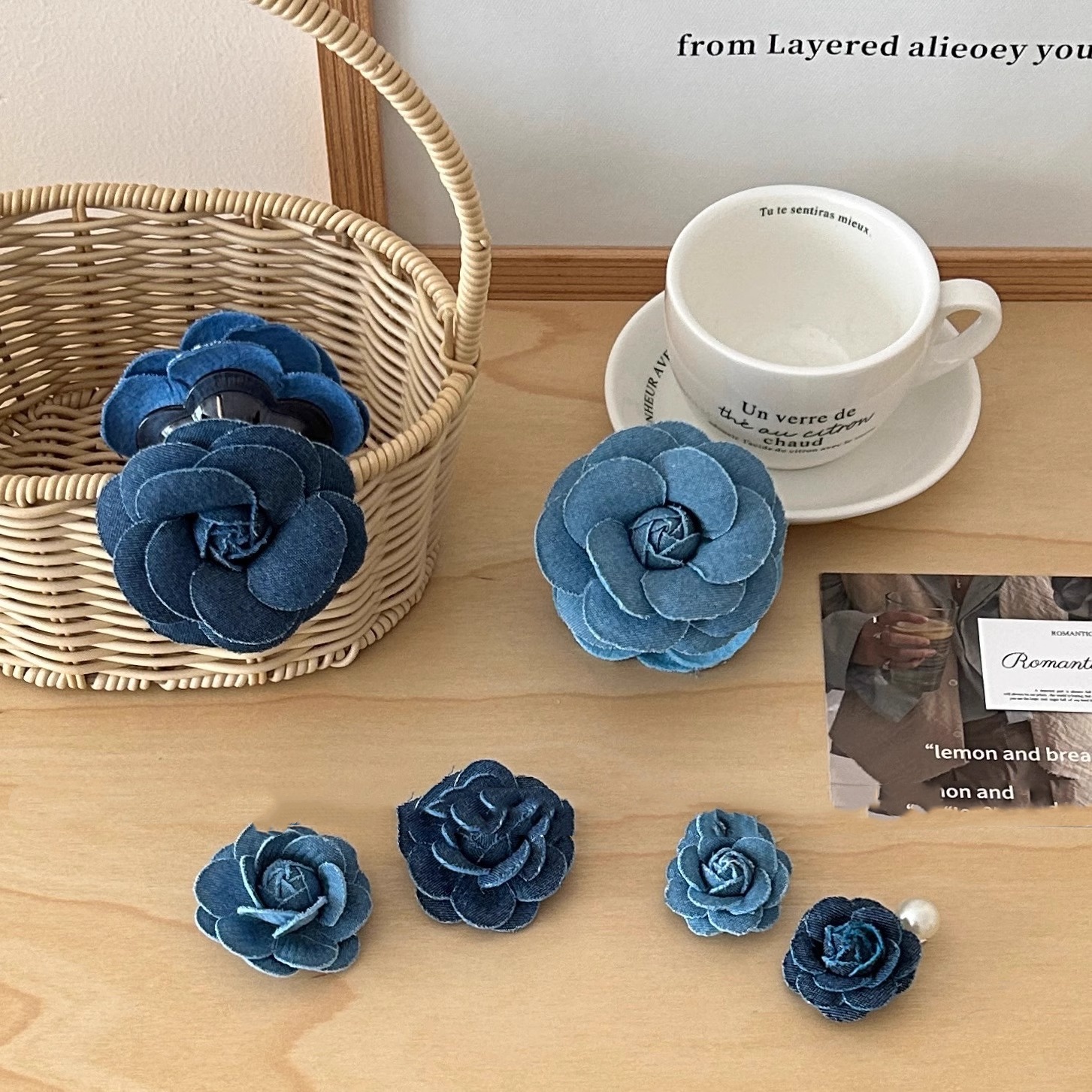 Denim Camellia Pearl Barrettes Sweet Hair Band