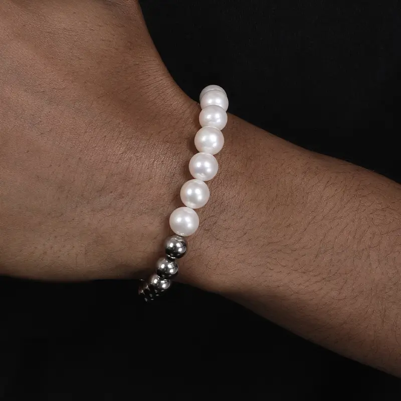 Natural Freshwater Pearl Splicing Round Pearl Men's Titanium Steel Bracelet