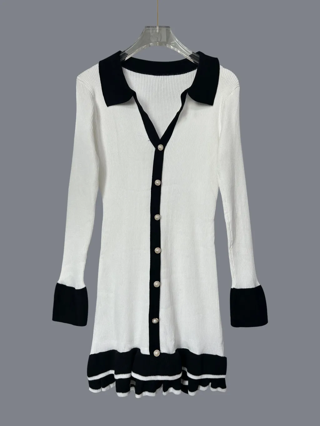 Women's Long-sleeved Ruffled Knitted Dress - Black