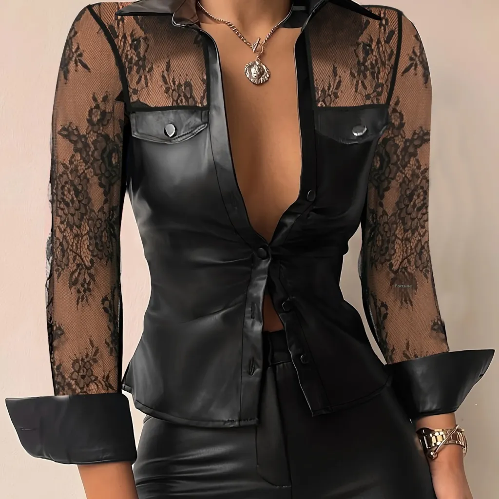 Lace Stitching PU Leather Shirt For Women - Black