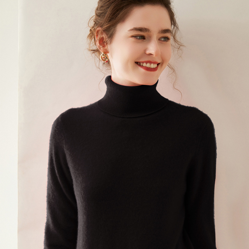 Lapel Sweater Women's Autumn And Winter Women's Solid Color Turtleneck Knitting Bottoming Shirt Sweater Obsidian Black - Shop at LoveMi