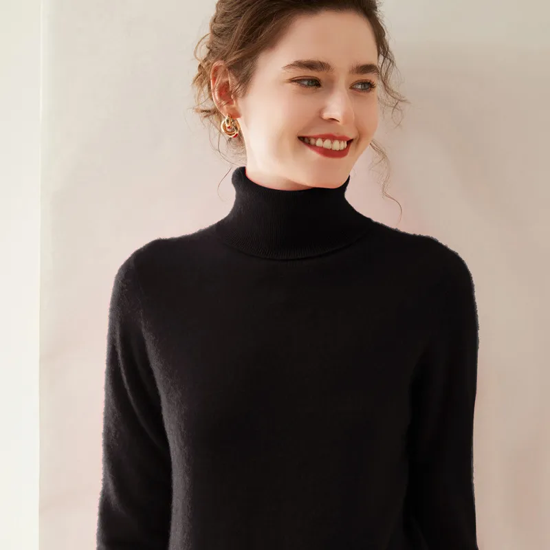Lapel Sweater Women's Autumn And Winter Women's Solid Color Turtleneck Knitting Bottoming Shirt Sweater - Obsidian Black