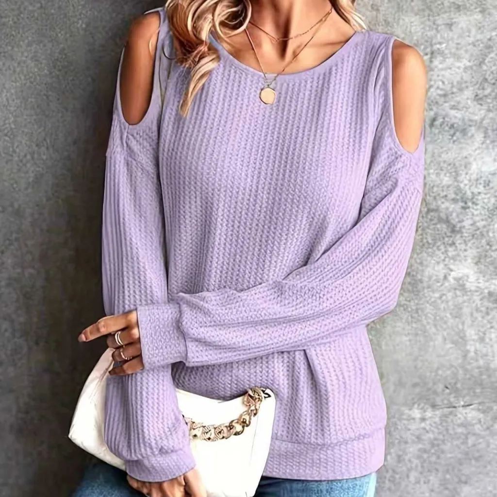 New Off-the-shoulder Back Buttoned Long Sleeve T-shirt Top Women's Clothing - Purple