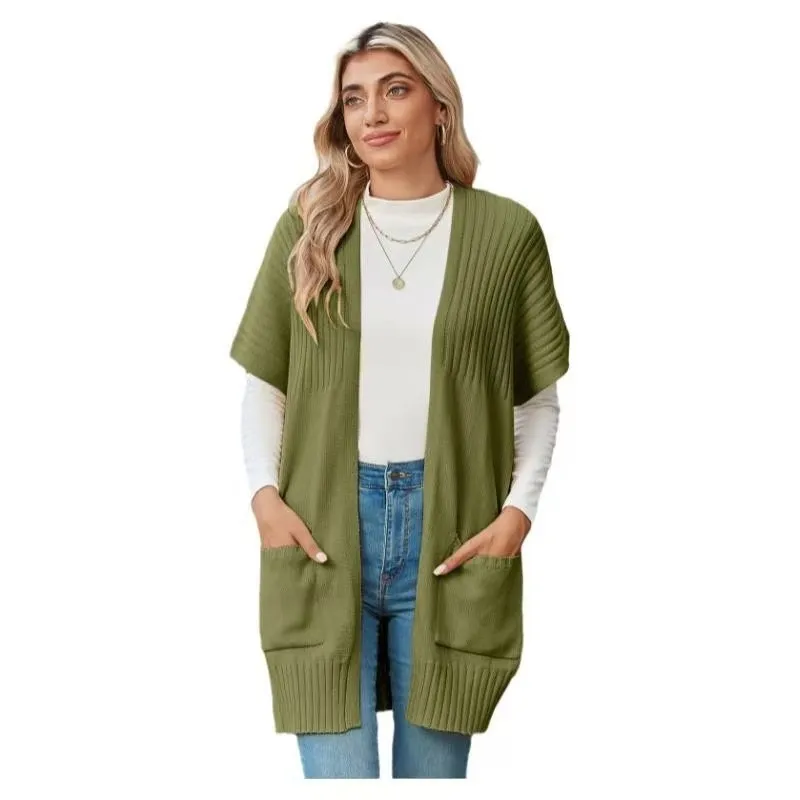 Lady's Sweater Cardigan Knitted Thick Needle Comfort And Casual - Green