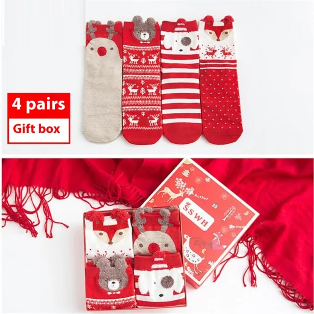4 Pairs Christmas Gift Box Women's Mid Tube Stockings Red Bear - Shop at LoveMi