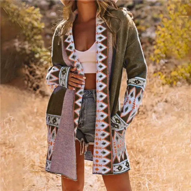 Ethnic Style Printed Long Sleeve Knitted Sweater Cardigan Coat Brown - Shop at LoveMi