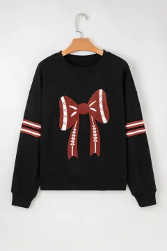 Black Varsity Baseball Bow Graphic Striped Sleeve Baggy Sweatshirt - Black - View 1