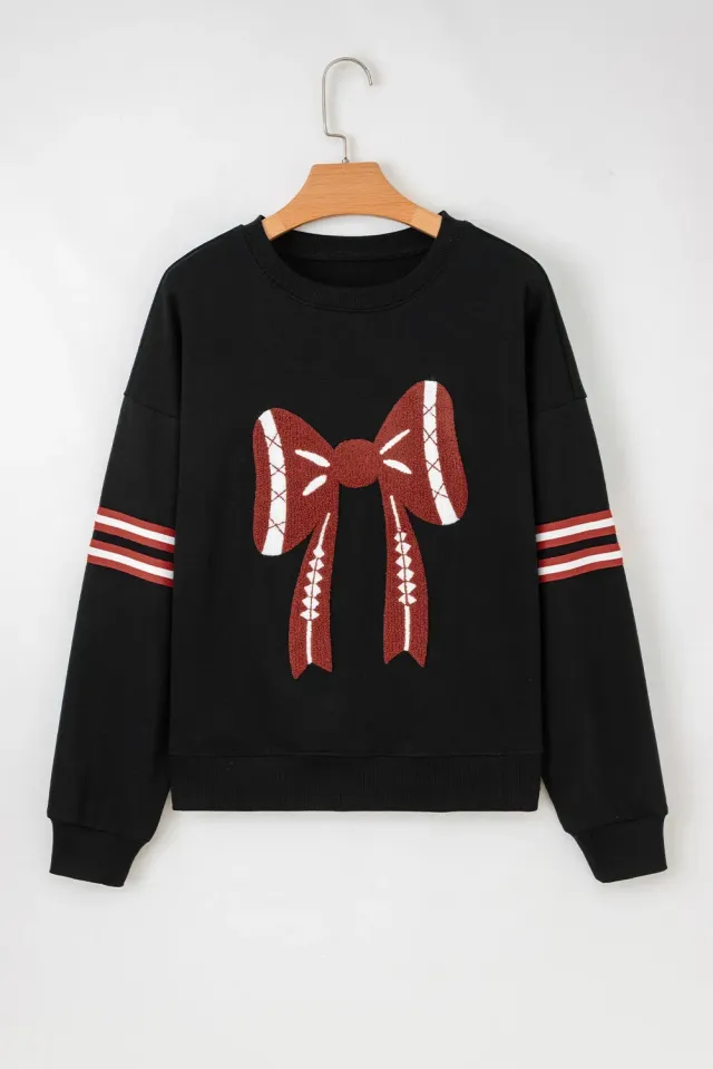 Black Varsity Baseball Bow Graphic Striped Sleeve Baggy Sweatshirt Black - Shop at LoveMi