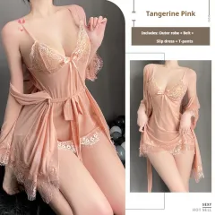 Solid Colour Lace Suspender Skirt Mesh See-through Lace-up Outerwear Gown Homewear Suit - Light Pink - View 1