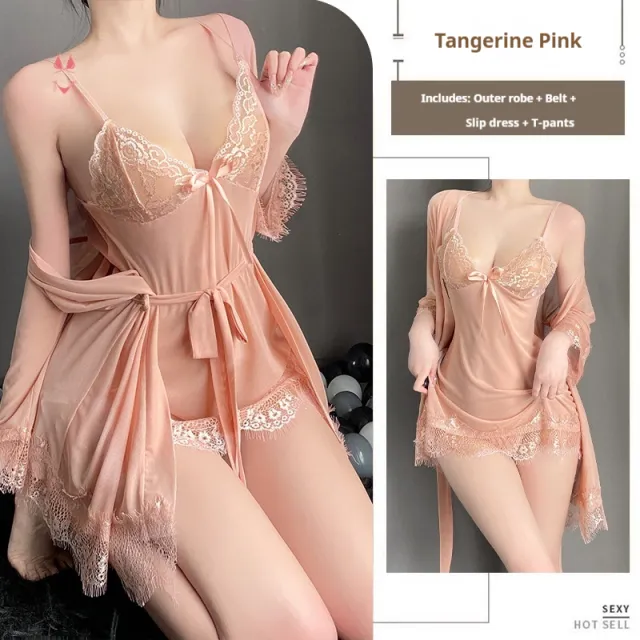 Solid Color Lace Suspender Skirt Mesh See through Lace up Outerwear Gown Homewear Suit Light Pink - Shop at LoveMi