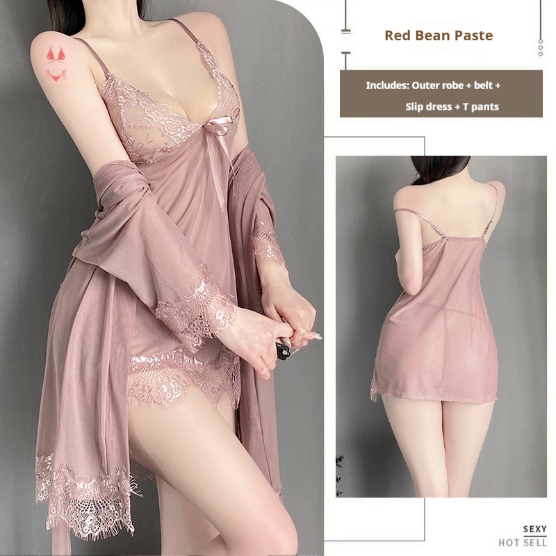 Solid Color Lace Suspender Skirt Mesh See through Lace up Outerwear Gown Homewear Suit Brown - Shop at LoveMi