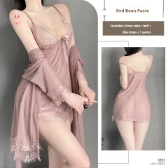 Solid Color Lace Suspender Skirt Mesh See-through Lace-up Outerwear Gown Homewear Suit - Brown - View 1