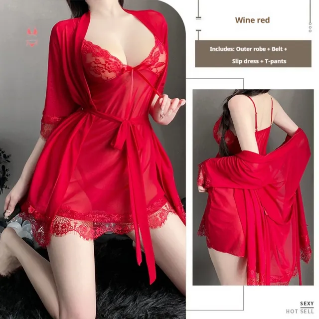 Solid Color Lace Suspender Skirt Mesh See through Lace up Outerwear Gown Homewear Suit Red - Shop at LoveMi