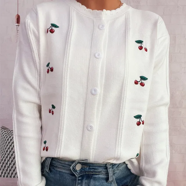 Cherry Embroidered Cute Style Wavy Round Neck Single breasted Sweater Cardigan White - Shop at LoveMi
