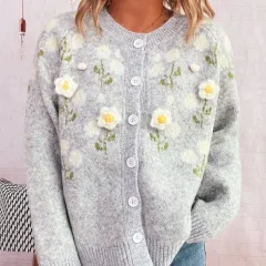 Flower Embroidered Crew Neck Long Sleeve Single-breasted Sweater Cardigan - Light Grey - View 1