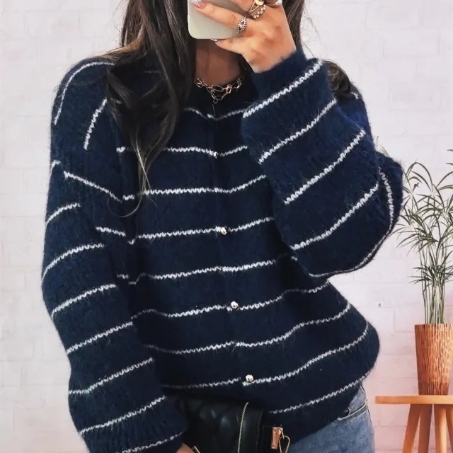 Simple Slim fit Round Neck Single breasted Striped Contrast Color Sweater Women's Coat Navy Blue - Shop at LoveMi