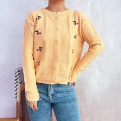 Cherry Embroidered Cute Style Wavy Round Neck Single-breasted Sweater Cardigan - Red - View 1