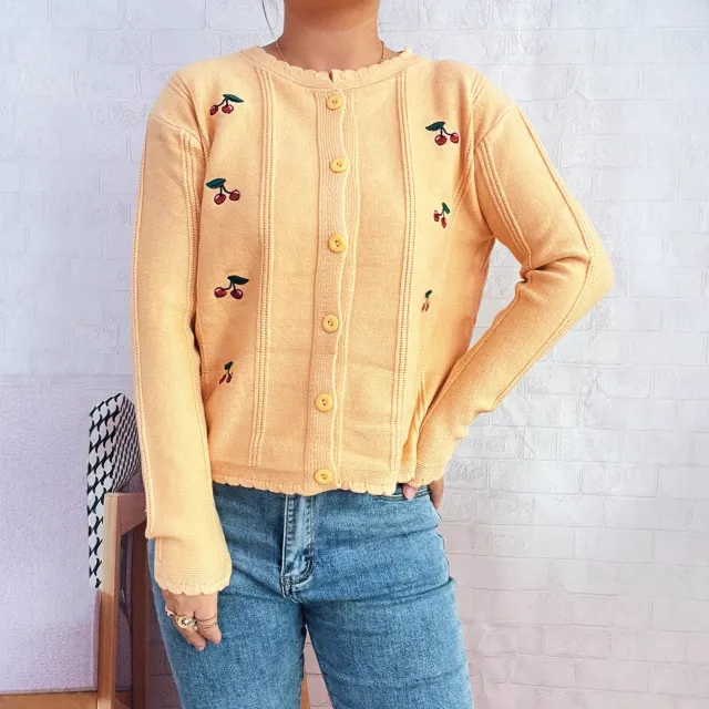 Cherry Embroidered Cute Style Wavy Round Neck Single breasted Sweater Cardigan Red - Shop at LoveMi